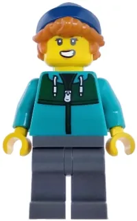 LEGO Plane Passenger - Female, Dark Turquoise Jacket with Dark Green Panel, Dark Bluish Gray Legs, Dark Blue Beanie minifigure