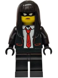 LEGO Police - City Bandit Crook Female, Black Tuxedo with Red Tie, Black Legs, Black Long Hair minifigure