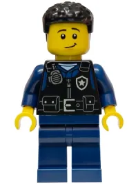 LEGO Police - City Officer Male, Black Safety Vest with Silver Star Badge Logo, Dark Blue Legs, Black Coiled Hair minifigure