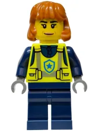 LEGO Police - City Officer Female, Neon Yellow Safety Vest, Dark Blue Legs, Dark Orange Mid Length Hair, Closed Mouth Smile minifigure