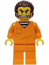 LEGO Police - City Jail Prisoner Male, Orange Prison Jumpsuit, Dark Brown Hair and Sideburns minifigure