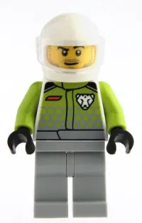 LEGO Go-Kart Driver - Male, Lime Racing Suit with Leopard Logo, Light Bluish Gray Legs, White Helmet, Trans-Clear Visor, Goatee Stubble minifigure
