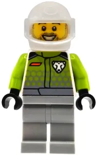 LEGO Race Car Driver - Male, Lime Racing Suit with Leopard Logo, Light Bluish Gray Legs, White Helmet, Trans-Clear Visor, Beard Stubble, Open Mouth Smile minifigure