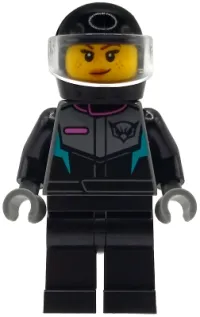 LEGO Jet Pilot - Female, Racing Suit with Hawk Head Logo, Black Legs, Black Helmet, Trans-Clear Visor, Smirk / Wink minifigure