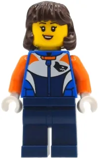 LEGO Bike Racer - Female, Racing Suit with Shark Head Logo, Dark Blue Legs, Dark Brown Hair Mid-Length minifigure