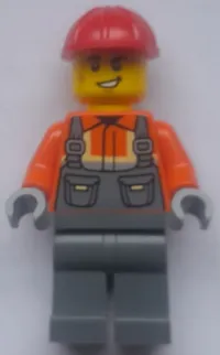 LEGO Construction Worker - Male, Dark Bluish Gray Overalls over Reddish Orange Safety Jacket with Reflective Stripes, Dark Bluish Gray Legs, Red Construction Helmet, Lopsided Grin and Scuff minifigure