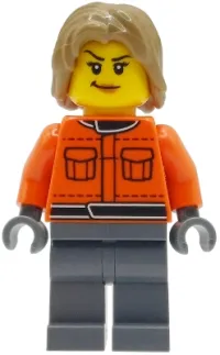 LEGO Formula 1 Pit Crew Member - Female, Reddish Orange Racing Suit with Pockets, Dark Bluish Gray Legs, Dark Tan Tousled Hair minifigure