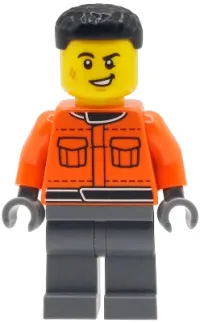 LEGO Formula 1 Pit Crew Member - Male, Reddish Orange Racing Suit with Pockets, Dark Bluish Gray Legs, Black Hair, Scuff Mark minifigure