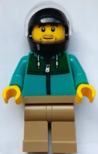 LEGO Stunt Driver - Male, Dark Turquoise Jacket with Dark Green Panel, Dark Tan Legs, Black Helmet, Trans-Clear Visor minifigure