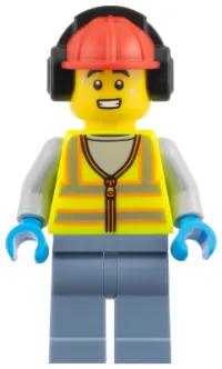 LEGO Airport Worker - Male, Neon Yellow Safety Vest with Reflective Stripes, Sand Blue Legs, Red Construction Helmet with Black Ear Protectors / Headphones minifigure