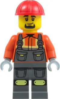 LEGO Construction Worker - Male, Dark Bluish Gray Overalls over Reddish Orange Safety Jacket with Reflective Stripes, Dark Bluish Gray Legs with Knee Pads, Red Construction Helmet, Goatee minifigure