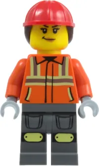 LEGO Construction Worker - Female, Reddish Orange Safety Jacket with Reflective Stripes, Dark Bluish Gray Legs with Knee Pads, Red Construction Helmet with Dark Brown Ponytail Hair, Smirk minifigure
