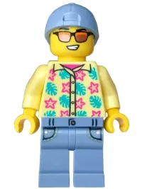 LEGO Streetcar Passenger - Male, Bright Light Yellow Shirt with Flowers and Leaves, Sand Blue Legs with Pockets and Cap minifigure
