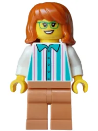 LEGO Ice Cream Vendor - Female, White Shirt with Dark Turquoise Stripes, Medium Nougat Legs, Dark Orange Hair, Green Glasses minifigure