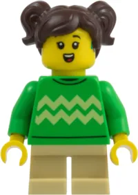 LEGO Child - Girl, Bright Green Sweater with Bright Light Yellow Zigzag Lines, Hearing Aid, Tan Short Legs, Dark Brown Hair with Pigtails minifigure