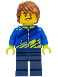 LEGO Mountain Bike Cyclist - Male, Blue Jacket with Dark Blue and Lime Diagonal Stripes, Dark Blue Legs, Reddish Brown Hair minifigure