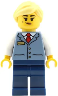 LEGO Station Master - Female, Sand Blue Vest over White Shirt, Dark Blue Legs, Bright Light Yellow Ponytail minifigure
