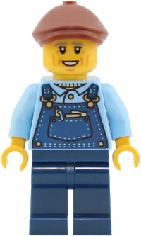 LEGO Train Driver - Male, Bright Light Blue Shirt, Dark Blue Overalls and Legs, Reddish Brown Flat Cap minifigure