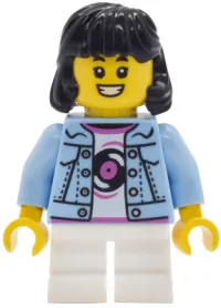 LEGO Lava Land Patron - Child, Girl, Bright Light Blue Denim Jacket over Shirt with Record, White Short Legs, Black Hair minifigure