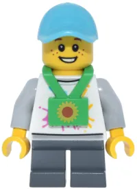 LEGO Lava Land Patron - Child, Male, White Shirt with Mountains Logo, Dark Bluish Gray Short Legs, Lanyard, Medium Azure Cap minifigure