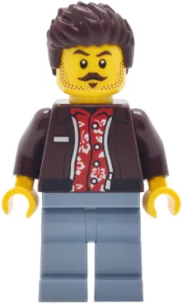 LEGO Car Wash Patron - Male, Dark Brown Jacket over Red Hawaiian Shirt, Sand Blue Legs, Dark Brown Hair minifigure
