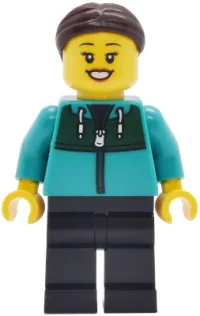 LEGO Car Wash Patron - Female, Dark Turquoise Track Suit, Black Legs, Dark Brown Hair minifigure