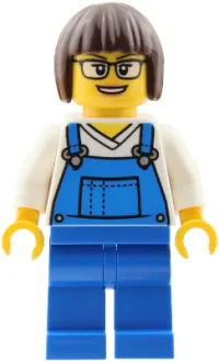 LEGO Truck Driver - Female, Blue Overalls over V-Neck Shirt, Blue Legs, Dark Brown Bob Cut Hair, Glasses minifigure