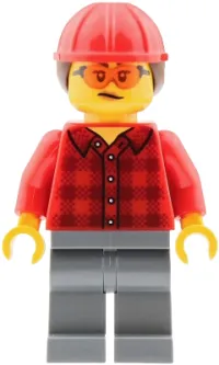 LEGO Mobile Crane Operator - Female, Red Plaid Flannel Shirt, Dark Bluish Gray Legs, Red Construction Helmet with Dark Brown Ponytail Hair, Safety Glasses minifigure