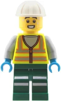 LEGO Train Worker - Male, Neon Yellow Safety Vest with Reflective Stripes, Dark Green Legs with Reflective Stripes, White Construction Helmet, Sweat Drops minifigure