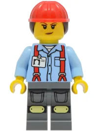 LEGO Construction Worker - Female, Bright Light Blue Shirt with Red Suspenders, Dark Bluish Gray Legs with Knee Pads, Red Construction Helmet with Dark Brown Ponytail Hair minifigure