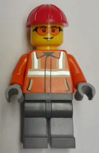 LEGO Construction Worker - Male, Reddish Orange Safety Jacket with Reflective Stripes, Dark Bluish Gray Legs, Red Construction Helmet, Safety Glasses minifigure