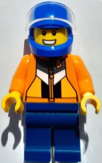 LEGO Stuntman (Jason 'Just Jason' Brickle) - Male, Orange Jacket with Panels and Zipper, Dark Blue Legs, Blue Helmet, Trans-Clear Visor minifigure