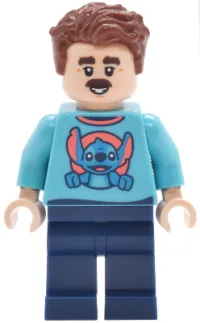 LEGO Main Street, U.S.A. Park Guest - Male, Medium Azure Stitch Shirt with Surfboard on Back, Dark Blue Legs minifigure