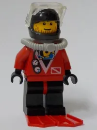 LEGO Divers - Red diver 2, Black Legs with Red Hips, Black Helmet, Brown Bangs, Stubble, Red Flippers minifigure