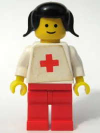 LEGO Doctor - Plain White with Red Cross Torso Sticker, Red Legs, Black Pigtails Hair minifigure