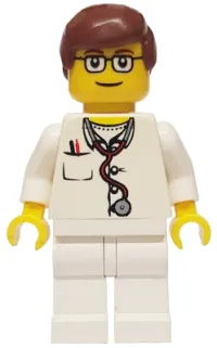 LEGO Doctor - Lab Coat Stethoscope and Thermometer, White Legs, Reddish Brown Male Hair, Glasses minifigure