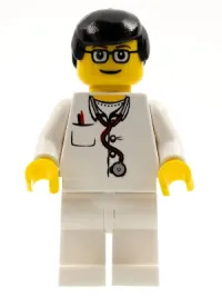 LEGO Doctor - Lab Coat, Stethoscope and Thermometer, White Legs, Black Male Hair, Glasses minifigure