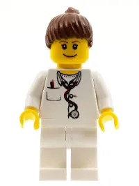 LEGO Doctor - Lab Coat, Stethoscope and Thermometer, White Legs, Reddish Brown Female Ponytail Hair minifigure