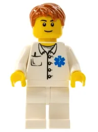LEGO Doctor - EMT Star of Life Button Shirt, White Legs, Dark Orange Short Tousled Hair, Black Eyebrows minifigure