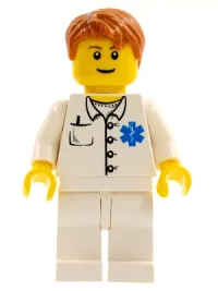 LEGO Doctor - EMT Star of Life Button Shirt, White Legs, Dark Orange Short Tousled Hair, Reddish Brown Eyebrows minifigure