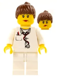 LEGO Doctor - Lab Coat Stethoscope and Thermometer, White Legs, Reddish Brown Female Ponytail Hair, Dual Sided Head minifigure