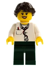 LEGO Doctor - Lab Coat, Stethoscope and Thermometer, Dark Green Legs, Long French Braided Female Hair minifigure