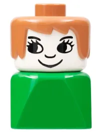 LEGO Duplo 2 x 2 x 2 Figure Brick Early, Female on Green Base, Fabuland Brown Hair, Eyelashes, Nose minifigure
