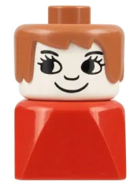 LEGO Duplo 2 x 2 x 2 Figure Brick Early, Female on Red Base, Fabuland Brown Hair, Eyelashes, Nose minifigure