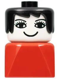 LEGO Duplo 2 x 2 x 2 Figure Brick Early, Female on Red Base, Black Hair, Eyelashes, Nose minifigure