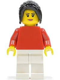 LEGO Plain Red Torso, White Legs, Black Hair Ponytail Long with Side Bangs minifigure