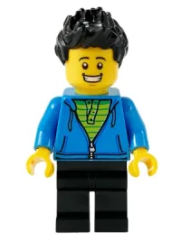 LEGO Male with Black Spiked Hair, Dark Azure Hoodie, Lime Shirt, and Black Legs minifigure