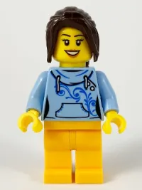 LEGO Female with Long Dark Brown Hair, Bright Light Blue Hoodie, and Bright Light Orange Legs minifigure