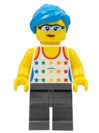 LEGO Female, Tank Top with Colored Stars, Dark Bluish Gray Legs, Dark Azure Hair minifigure