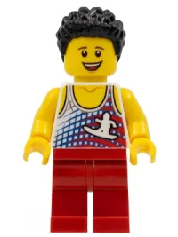 LEGO Male, Tank Top with Surfer, Red Legs, Black Hair minifigure